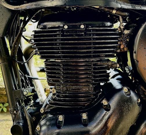A close-up of a motorcycle's intricate engine details.