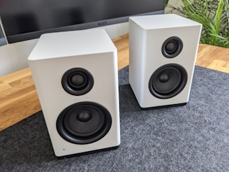 Two white speakers are placed on a grey mat with a wooden surface underneath. The speakers have a sleek and modern design, featuring dual drivers.