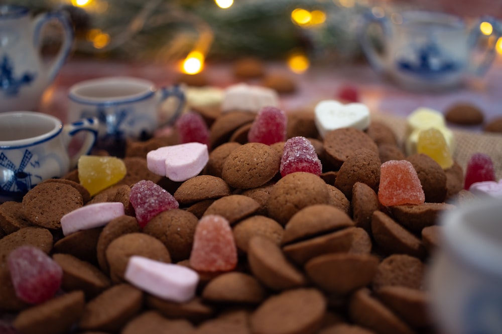 a close up of a plate of food with candy