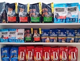 Selection of nutritious pet foods displayed on shelf
