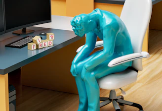 a statue of a person sitting in a chair in front of a computer