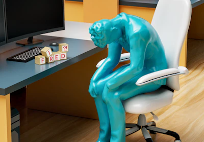 a statue of a person sitting in a chair in front of a computer