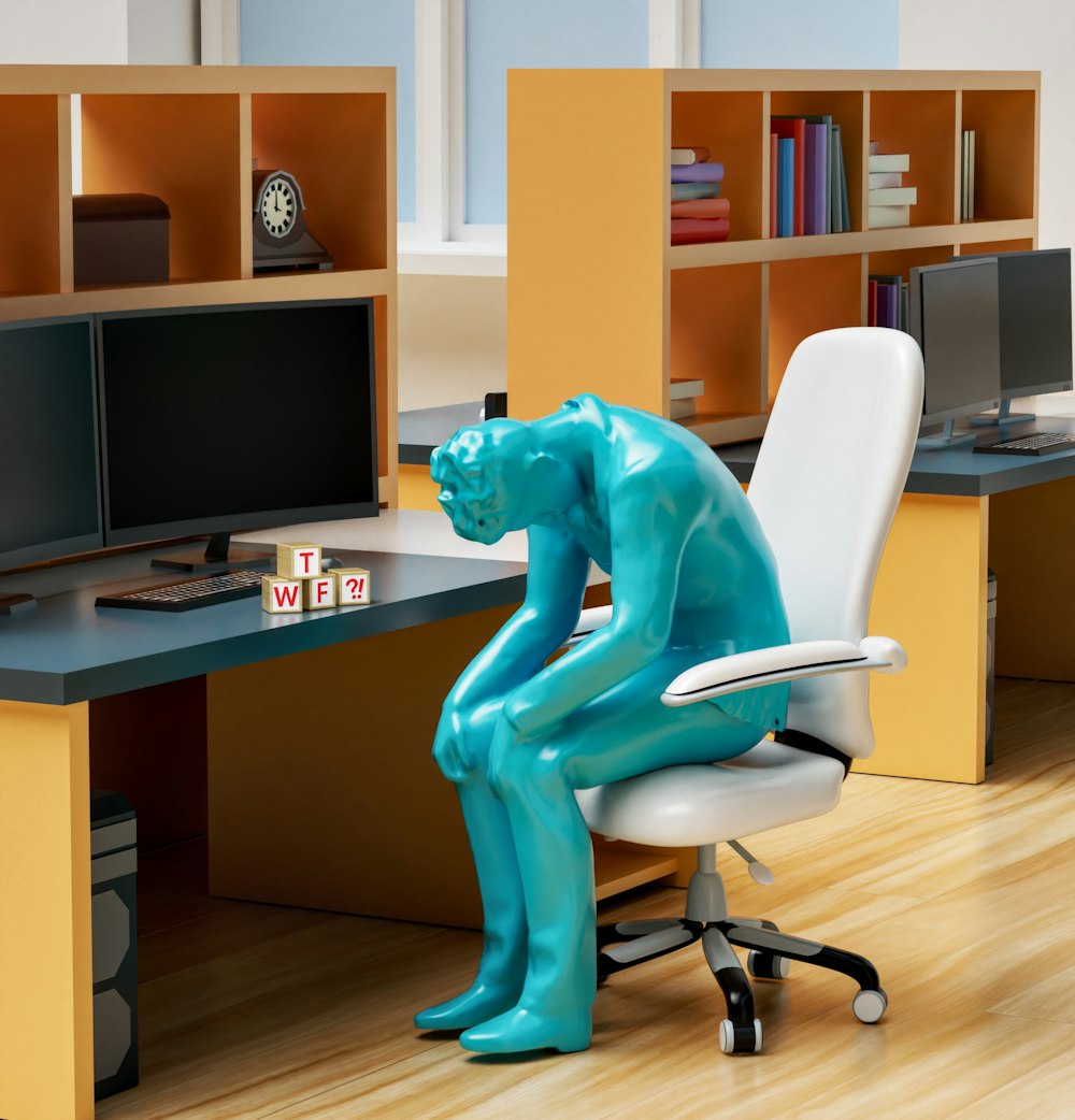 una estatua de una persona sentada en una silla frente a un escritorio