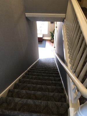 A staircase with gray carpeting descends to a well-lit area featuring hardwood flooring. A plush brown ottoman is positioned at the base of the stairs, and a green potted plant adds a touch of nature. The stairwell is bordered by white railings, and light filters in from a window or door beyond.
