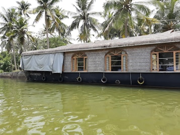 A traditional houseboat with a thatched roof floats on a calm body of water, surrounded by lush green palm trees. The reflection of the boat is visible in the water, creating a serene and picturesque scene. The windows of the boat have wooden frames, adding to its rustic charm.