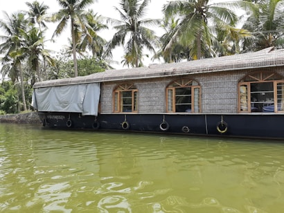 A traditional houseboat with a thatched roof floats on a calm body of water, surrounded by lush green palm trees. The reflection of the boat is visible in the water, creating a serene and picturesque scene. The windows of the boat have wooden frames, adding to its rustic charm.