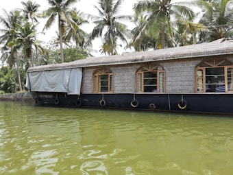 A traditional houseboat with a thatched roof floats on a calm body of water, surrounded by lush green palm trees. The reflection of the boat is visible in the water, creating a serene and picturesque scene. The windows of the boat have wooden frames, adding to its rustic charm.