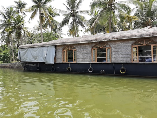 A traditional houseboat with a thatched roof floats on a calm body of water, surrounded by lush green palm trees. The reflection of the boat is visible in the water, creating a serene and picturesque scene. The windows of the boat have wooden frames, adding to its rustic charm.