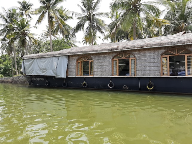 A traditional houseboat with a thatched roof floats on a calm body of water, surrounded by lush green palm trees. The reflection of the boat is visible in the water, creating a serene and picturesque scene. The windows of the boat have wooden frames, adding to its rustic charm.