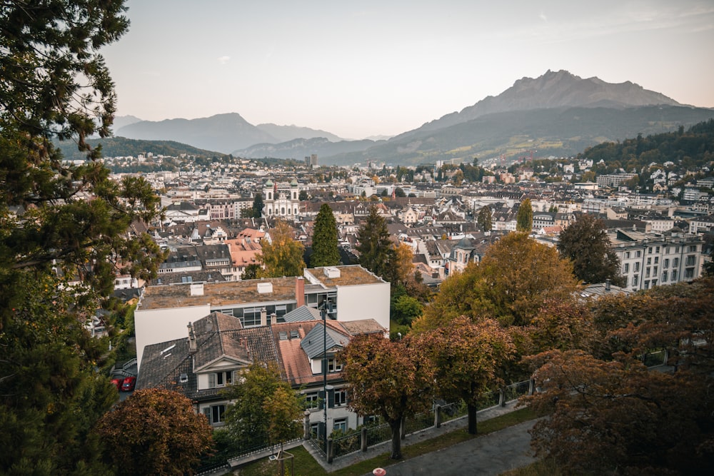 a view of a city with mountains in the background