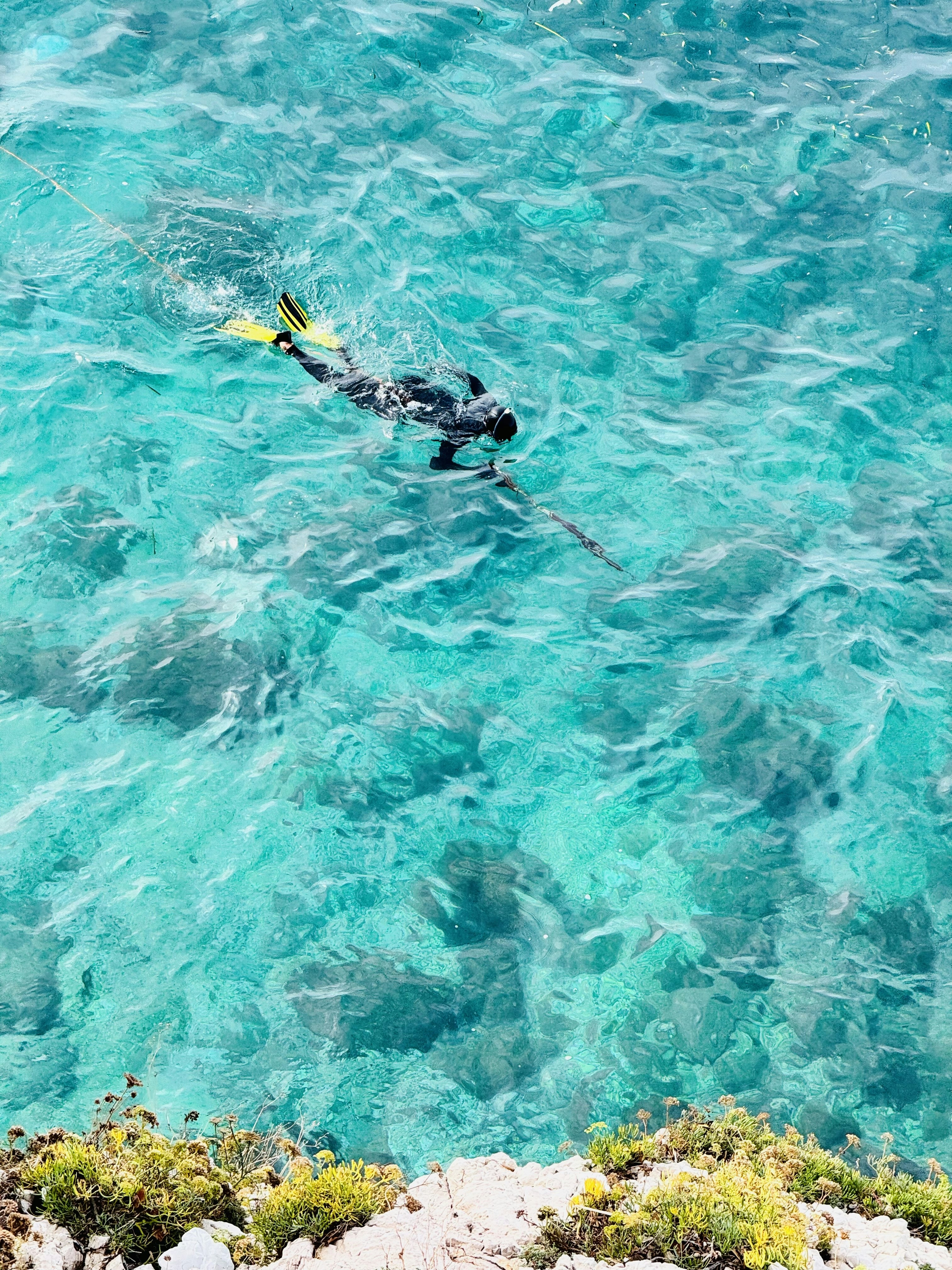 a person in a wet suit swimming in clear blue water