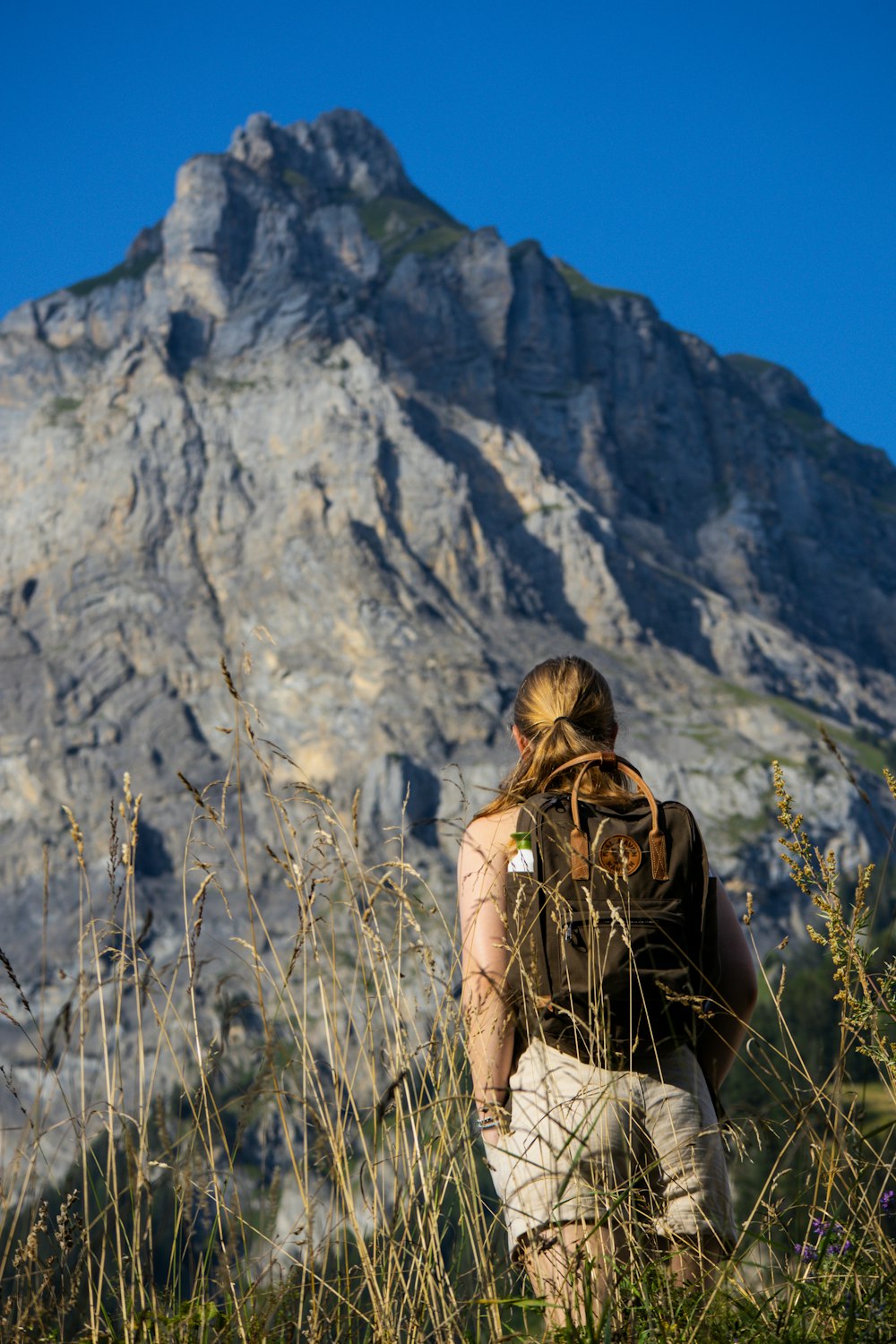 a person with a backpack walking through tall grass