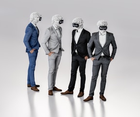 Four figures dressed in suits stand together, each wearing a virtual reality headset and featureless white masks resembling classical sculptures. They appear to be engaged in conversation or interaction, exhibiting a blend of classical and modern elements.