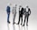 Four figures dressed in suits stand together, each wearing a virtual reality headset and featureless white masks resembling classical sculptures. They appear to be engaged in conversation or interaction, exhibiting a blend of classical and modern elements.