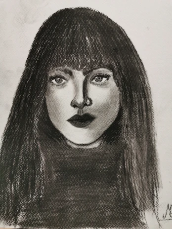 Detailed charcoal portrait capturing expressive facial features and soft shadows.