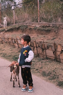 A young boy is standing on a paved pathway, holding a small goat on a leash. The boy is wearing a jacket with a letter 'E' and colorful patches, black pants with a pattern, and brown sneakers. There is a stone and wooden fence behind him, with a grassy area and another white goat grazing on a slope in the background. The setting appears to be outdoors with earth and greenery present.