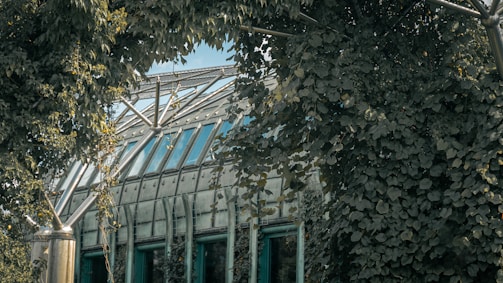 Close-up of modern architecture blending with natural surroundings.