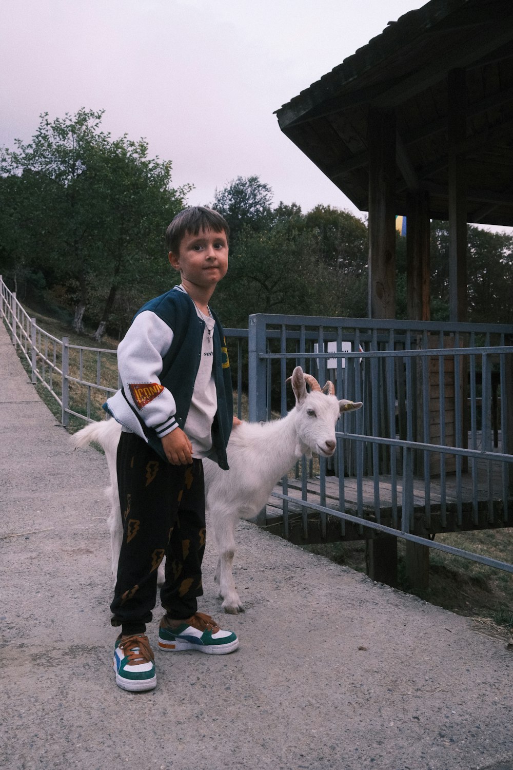 a young boy standing next to a white goat