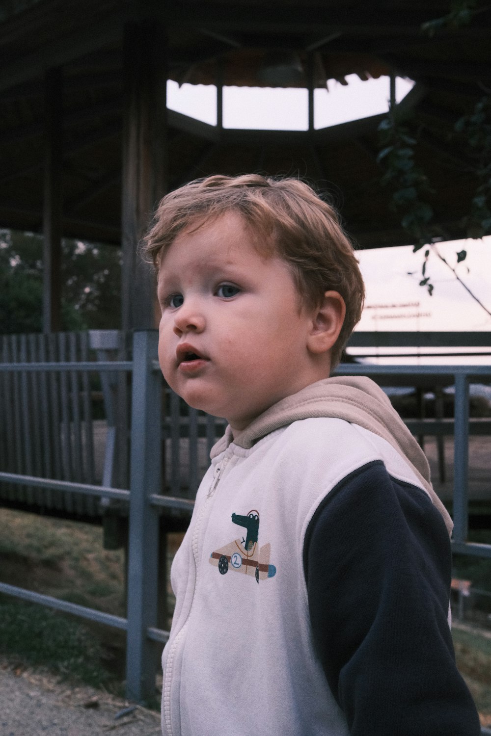 a little boy standing in front of a metal fence