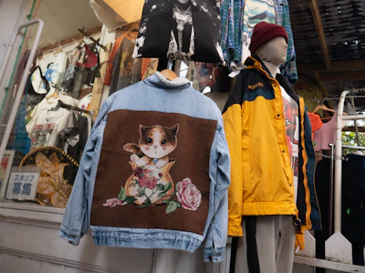 An assortment of clothes is displayed in a shop setting. A denim jacket with a large patch featuring a whimsical cat design is prominent. Beside it, a mannequin is dressed in a yellow and black jacket with a maroon beanie. Multiple shirts and decorative items hang in the background.
