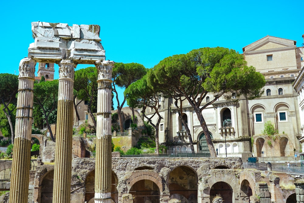 the ruins of a roman city with trees in the background