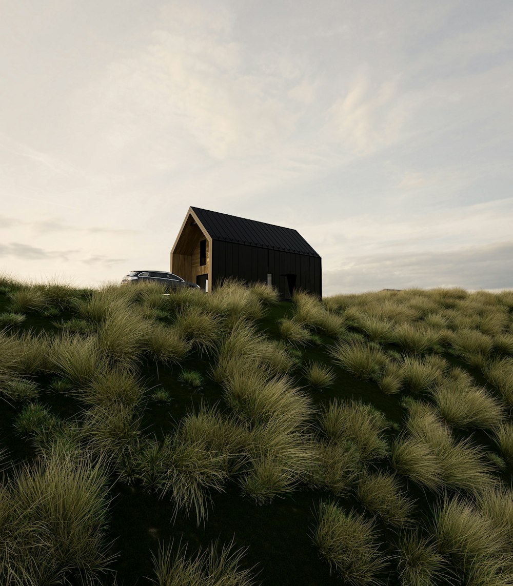 uma casa no topo de uma colina gramada