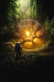 a man standing in front of a giant object in the middle of a forest