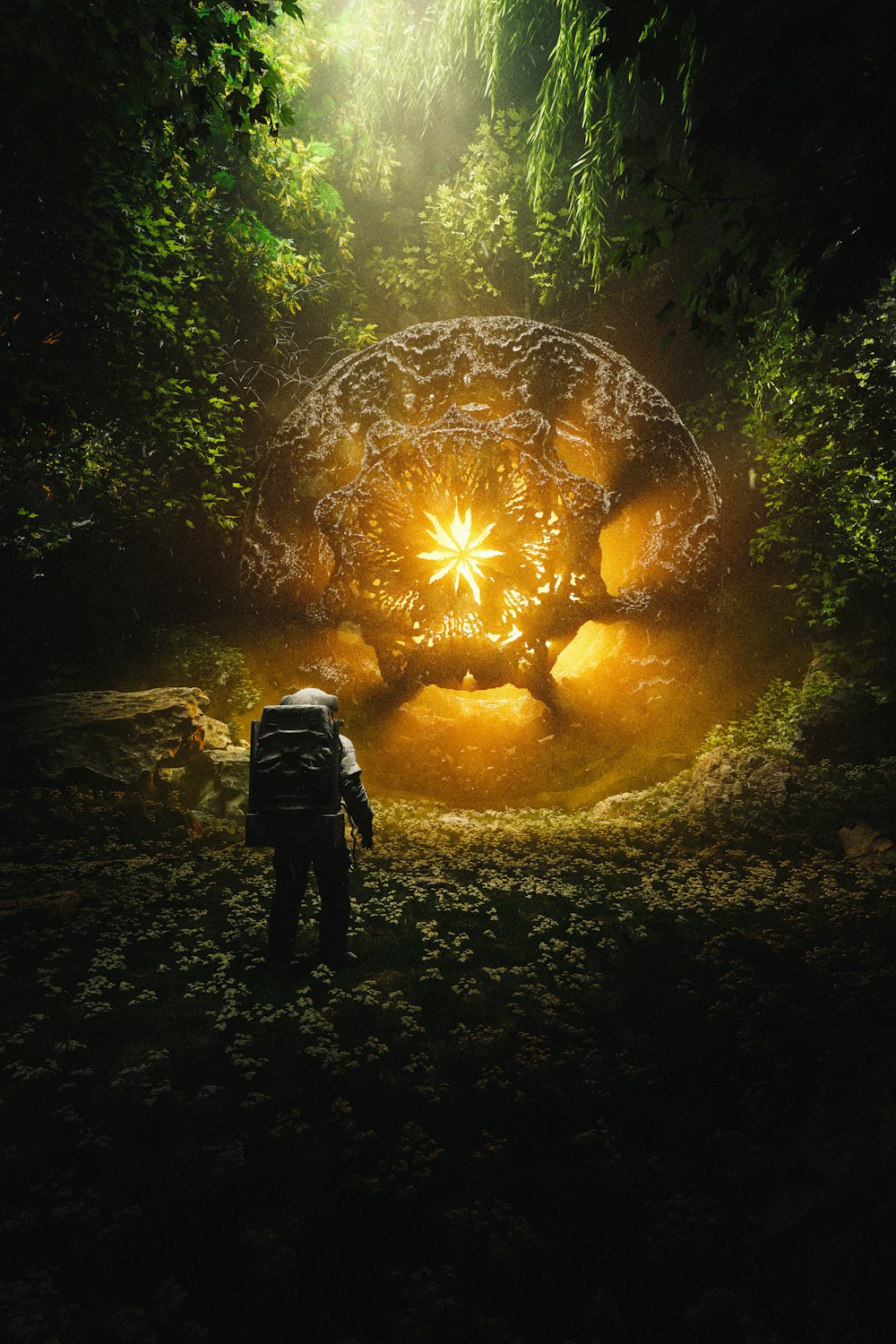 Ein Mann steht vor einem riesigen Objekt mitten im Wald