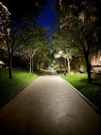 Security personnel patrolling a well-lit park pathway at dusk.