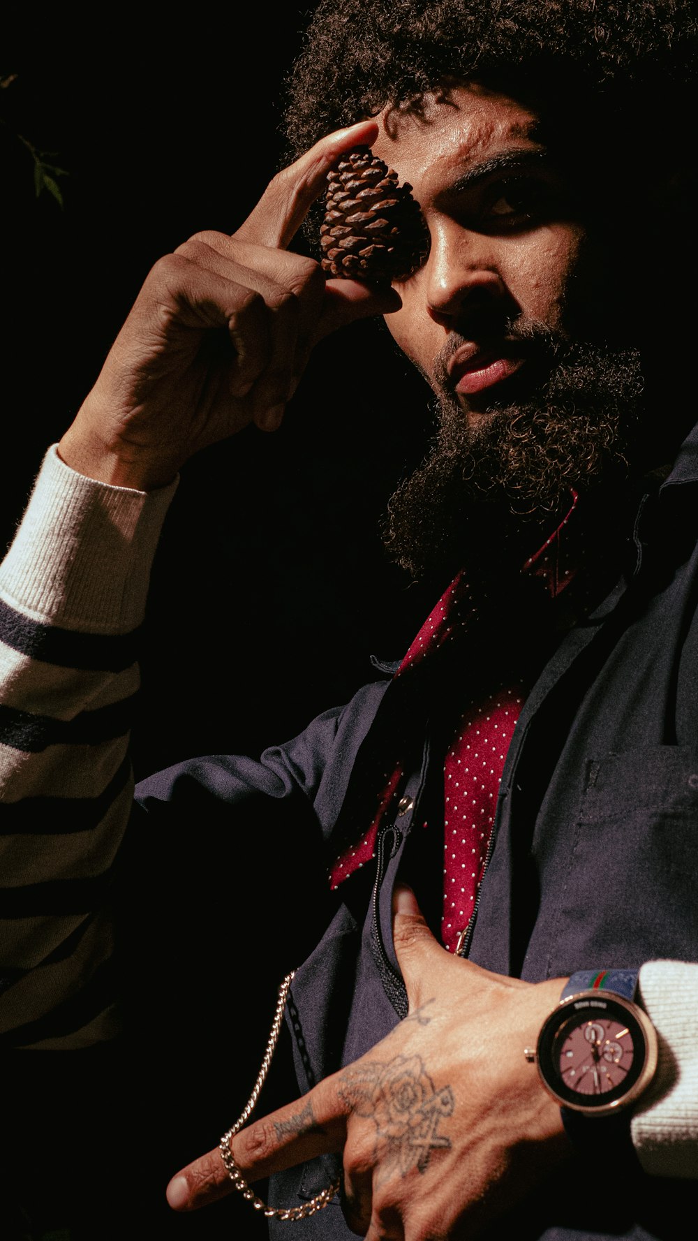 a man with a beard holding a pine cone