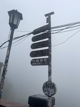 A foggy scene with multiple direction signs and an old-fashioned street lamp. The signs have text in a foreign script, possibly indicating distance to various places. The area appears misty, with limited visibility and the signs are covered in stickers.