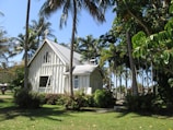 A charming small church with a light-colored wooden exterior is surrounded by lush greenery and tall palm trees. The church features a steep, metal roof and a cross at the top. The windows are elegantly shaped, adding to the beautiful, tranquil setting.