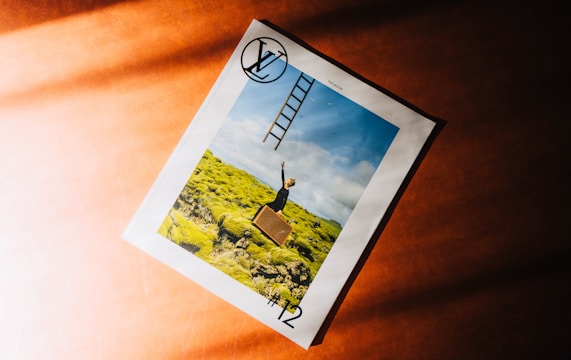 A magazine cover is laid on a warm-toned surface, featuring a surreal photograph of a person standing on a suitcase, reaching for a ladder that extends into a cloudy blue sky, positioned against a vibrant green mossy hillside.