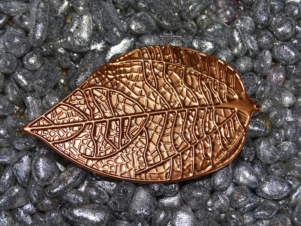 a brown leaf laying on top of a pile of rocks
