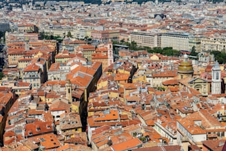 Aerial view of diverse European cityscape showcasing residential and commercial properties.