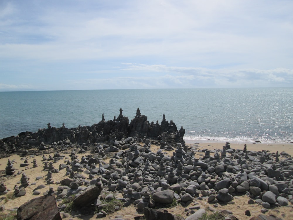 Un montón de rocas en una playa cerca del océano