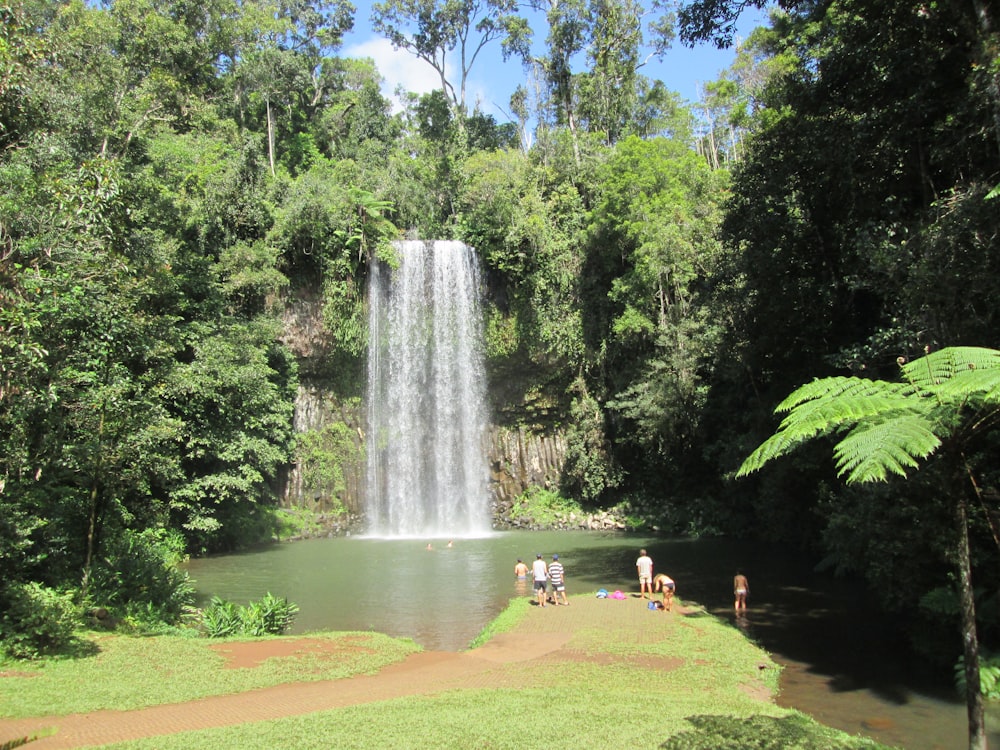 a group of people standing in front of a waterfall