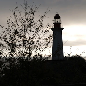A subtle lighthouse silhouette in the background, representing guidance and steady direction on the path forward.