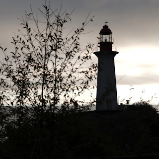 A subtle lighthouse silhouette in the background, representing guidance and steady direction on the path forward.