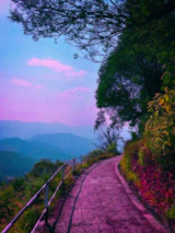 A peaceful mountain trail winding through lush greenery under a clear blue sky.