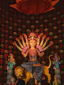 A richly decorated statue of a goddess with multiple arms sitting on a lion, surrounded by smaller deities. The backdrop features intricate patterns with eye motifs.