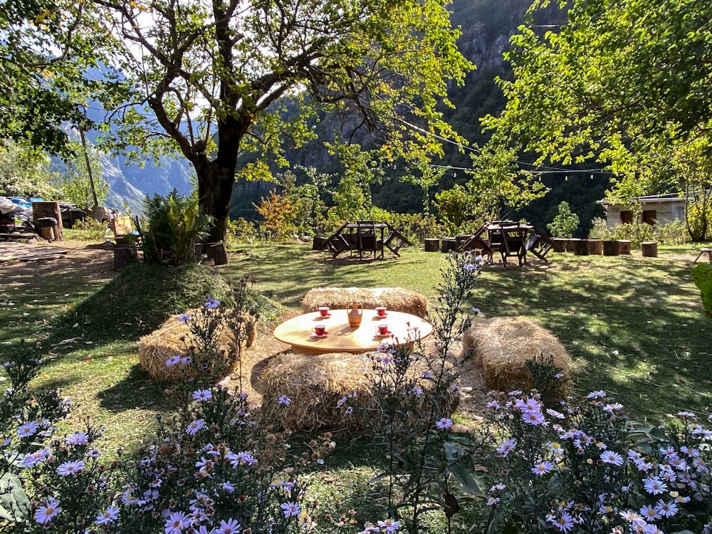 a picnic area with hay bales and flowers in the foreground