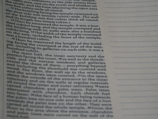 A close-up image of a page from a book or printed text. The text is written in English and describes architectural measurements and structures in detail. The page also has a lined margin on the right side.