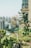A close-up view of a balcony garden featuring a variety of potted plants with green leaves and some plants with small orange flowers. The background reveals a blurred urban skyline, indicating that the garden is situated in a city environment. The sunlight gently illuminates the foliage, creating a vibrant and serene atmosphere.