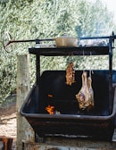 A rustic outdoor cooking setup with a rotisserie system is pictured. Meat is being roasted, with a skewer of skewered pieces and a larger slab of meat hanging inside a metal container. There is a pot on a metal grate above the meat. A small flame is visible below, and the background shows dense, leafy vegetation.