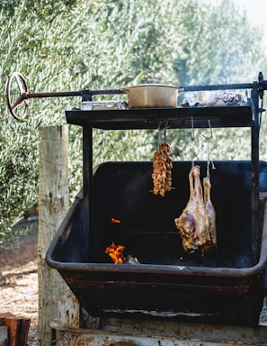 Rustic outdoor scene featuring Magellanic lamb cooked on a traditional spit