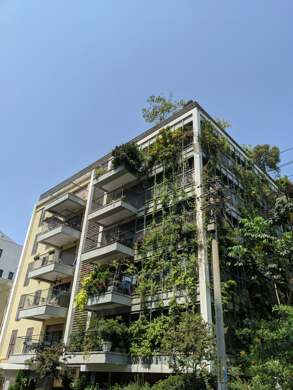 a tall building with plants growing on the side of it