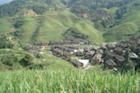 A picturesque village nestled in a lush mountainous landscape, surrounded by terraced rice fields. The wooden houses have traditional architecture with dark roofs, blending seamlessly with the verdant greenery of the terraces and forests.