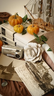 A vintage-themed setup featuring small pumpkins, classic novels by Victor Hugo and Thomas More, an old film camera, a paper flower crafted from printed paper, sepia-toned photographs of sailboats and a historic city, a decorative model ship with sails, and a soft knitted blanket.