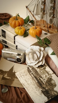 A vintage-themed setup featuring small pumpkins, classic novels by Victor Hugo and Thomas More, an old film camera, a paper flower crafted from printed paper, sepia-toned photographs of sailboats and a historic city, a decorative model ship with sails, and a soft knitted blanket.
